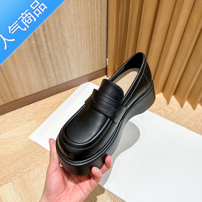 SUNTEK内增高乐福鞋女2023春秋新款复古黑色英伦风小皮鞋厚底小个子单鞋高清大图