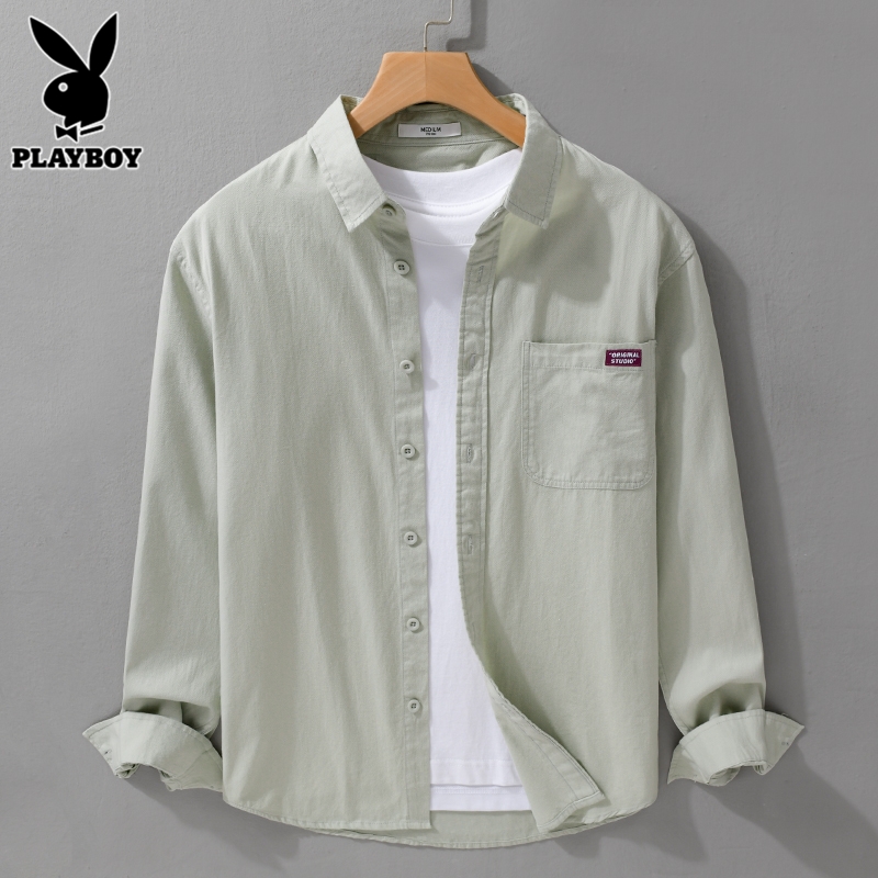 花花公子纯棉衬衫男士长袖夏季日系潮流寸衫免熨烫休闲衬衣外套男公高清大图