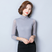 2021春秋新款长袖高领网纱打底衫女弹力修身内搭大码蕾丝上衣t恤 灰色 XL