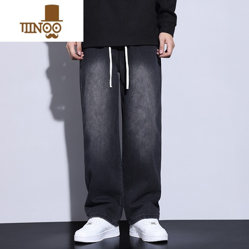 YANXU黑色牛仔裤男休闲潮流潮牌美式高街阔腿裤子ins宽松水洗长裤直筒高清大图