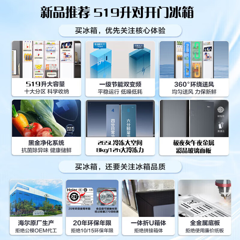 海尔(Haier)对开门冰箱519升大容量大冷冻风冷无霜黑金净化一级能效双变频家用 BCD-519WLHSSEDGM高清大图