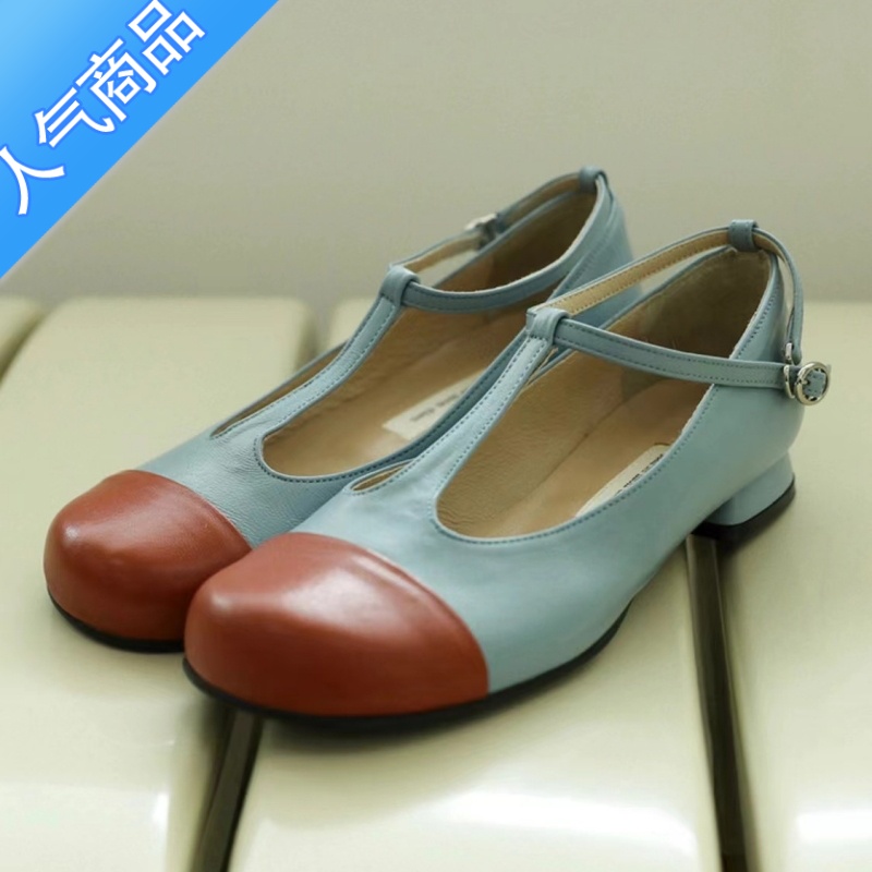 SUNTEK2023新款复古圆头撞色一字扣带单鞋女百搭拼色低跟玛丽珍鞋乐福鞋高清大图