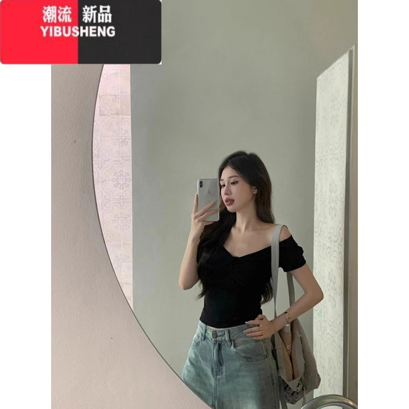 YIBUSHENG纯欲黑色一字肩V领黑色短袖t恤女季设计感小众别致辣妹短款上衣