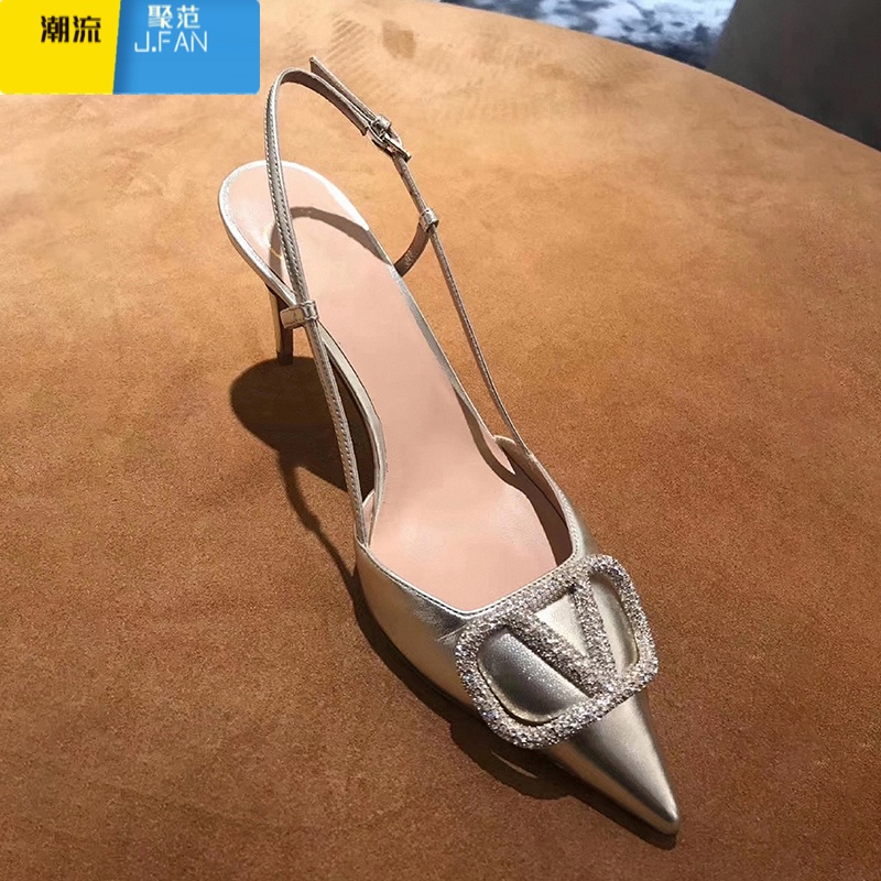 聚范银色高跟鞋细跟女夏2024新款尖头水钻单鞋绝美配裙子包头凉鞋超火 银色钻扣 37/6cm