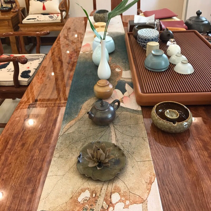 桌旗新中式中国风古典复古棉麻布艺茶垫禅意茶席茶几桌布荷花水墨水墨荷花