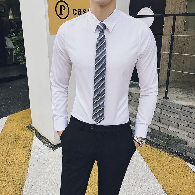 长袖衬衫男修身韩版男士衬衣纯色帅气青年商务职业正装寸衫加大码