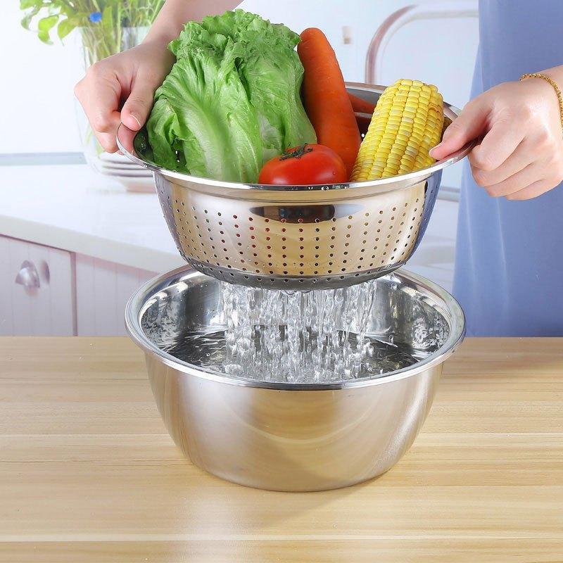 过滤不锈钢盆淘米盆洗米筛洗菜沥水篮漏盆圆形加厚两件套装家用家装建材及五金家装主材厨房主材厨房主材沥水篮