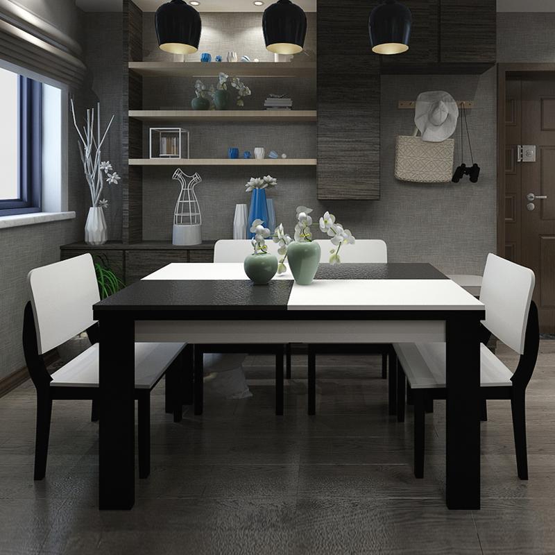 简约北欧火烧石餐桌椅组合现代家用餐台黑白大理石餐桌长方形饭桌定制