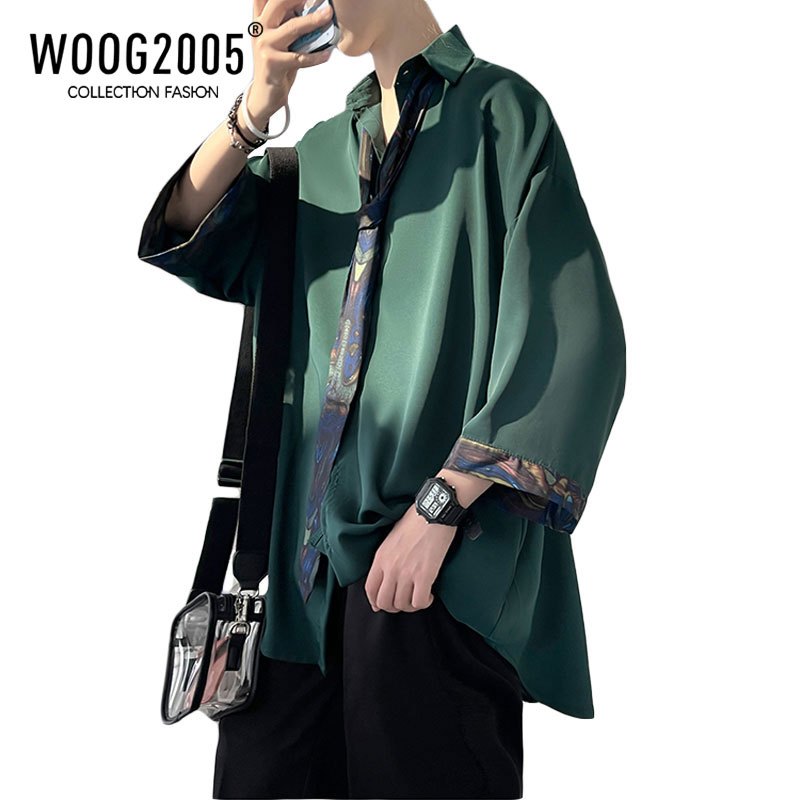 WOOG2005墨绿色日系衬衫夏季男装冷淡风短袖vintage六七分袖衬衣