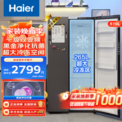 Haier海尔冰箱 对开门冰箱519升大冷冻一级能效变频风冷无霜黑金净化家用大容量双开门电冰箱