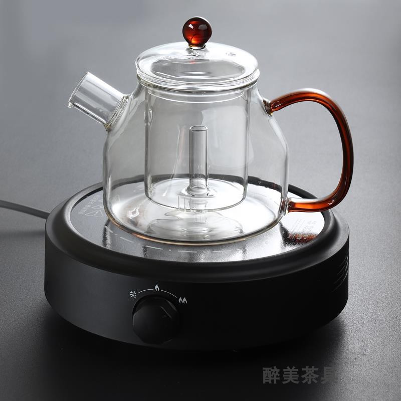 电陶炉 玻璃蒸茶壶煮茶器蒸汽煮茶壶黑茶普洱烧水壶泡茶壶家用 760ml煮茶壶+黑色电陶炉送4杯