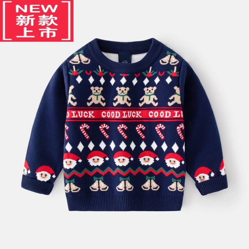 可莉允2022秋冬儿童双层棉线针织毛衣男童圆领套头毛衫男宝卡通恐龙上衣图片