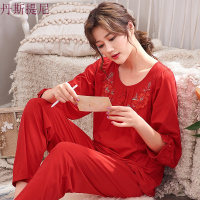 睡衣女士春秋季纯棉长袖家居服全棉新娘薄款大红色本命年大码套装