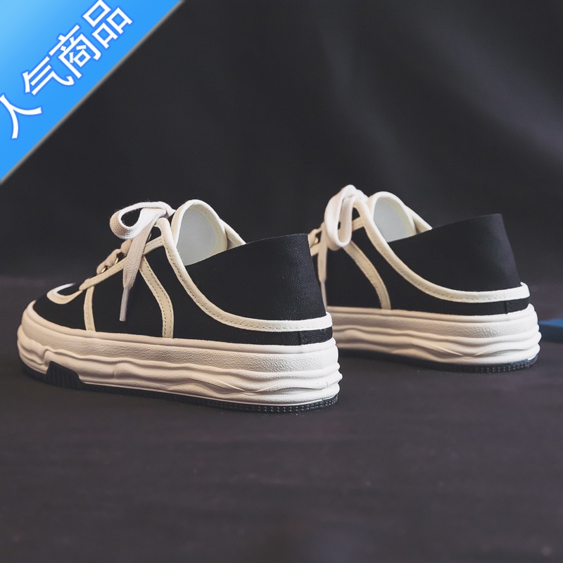 SUNTEKddoo夏季半拖帆布鞋女款2023新款夏款懒人一脚蹬踩跟布鞋黑色板鞋高清大图