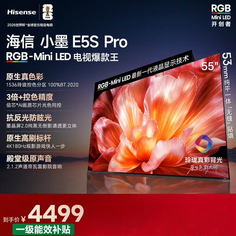 海信电视小墨 55E5S Pro 55英寸 RGB-MiniLED玲珑真彩背光 信芯芯片 墨晶屏高刷