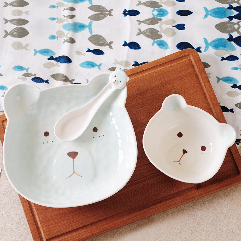 卡通陶瓷碗宝宝家用吃饭碗汤碗可爱儿童碗筷套装学生早餐碗-白色3件套