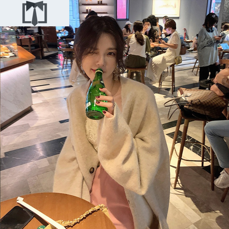 SUNTEK燕麦色v领开衫毛衣女外穿春秋宽松慵懒风温柔中长款外搭针织外套毛衣