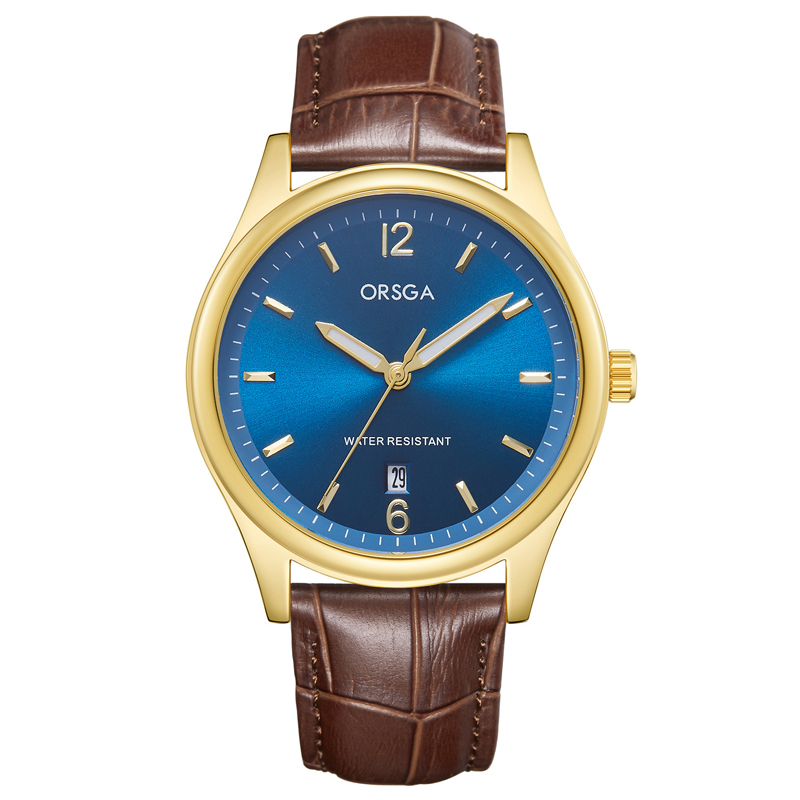 ORSGA手表男简约男士手表防水日历时尚休闲商务学生男表石英表腕表1159G 棕色皮带金壳蓝面