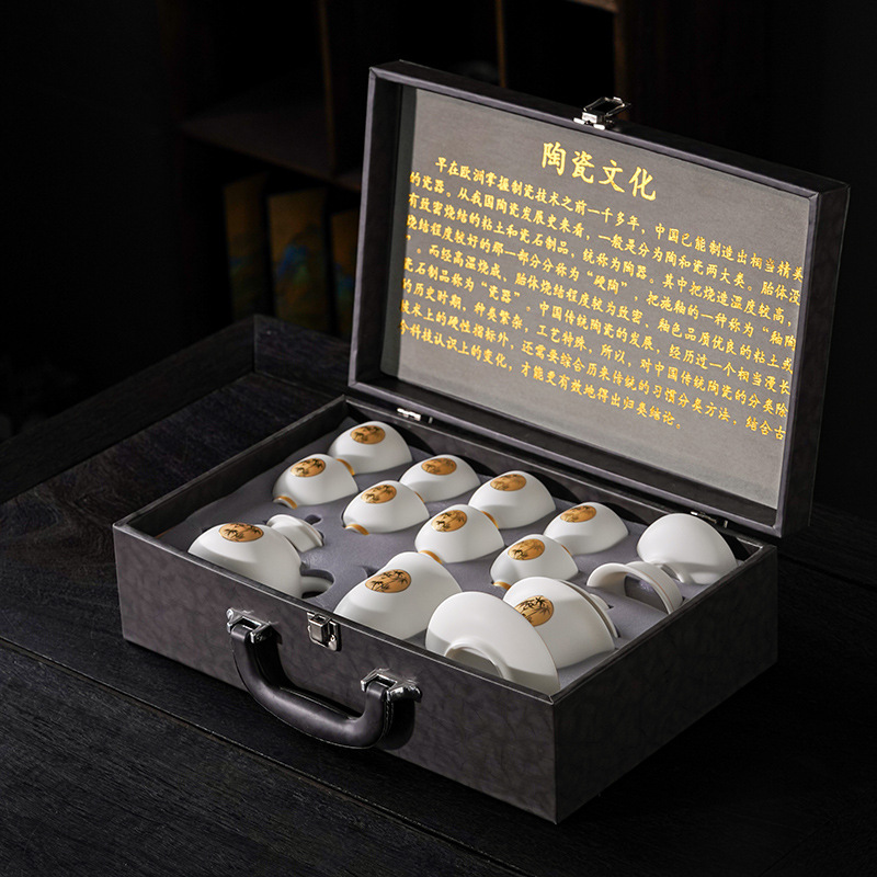 华普思高档轻奢德化羊脂玉陶瓷功夫茶具套装一整套盖碗茶壶年会伴手礼品 10头描金盖碗马蹄杯套装高清大图