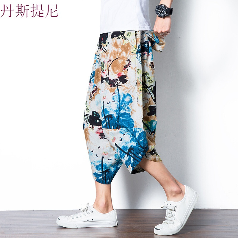 中国风亚麻七分裤男裤子7分休闲裤男短裤刺绣印花哈伦裤夏季宽松