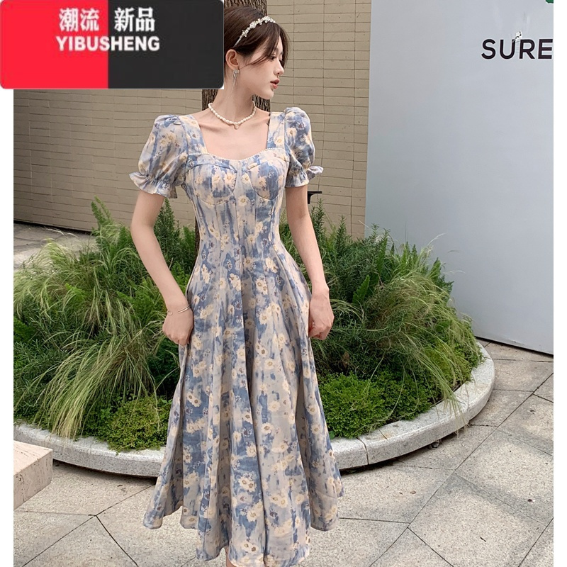 YIBUSHENG大码女装微胖蓝色油画碎花法式小众连衣裙女裙子胖mm遮肚显瘦长裙