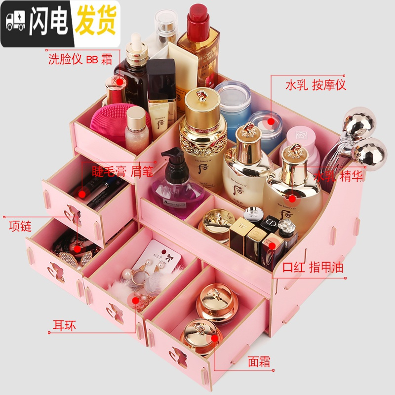 三维工匠桌面香水发饰化妆品首饰收纳盒木质抽屉式梳妆台口红护肤品置物架高清大图
