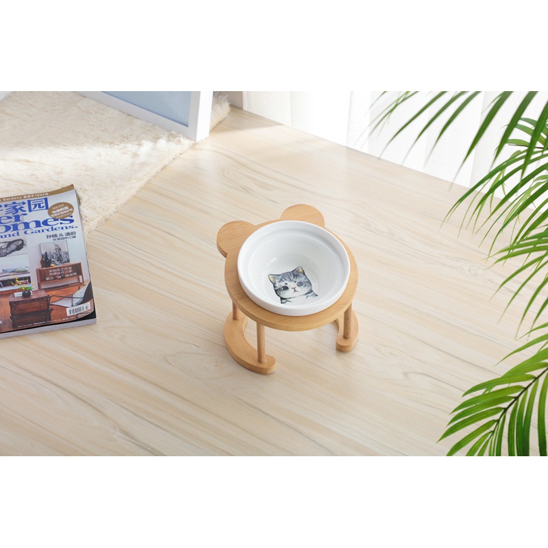 猫碗高脚猫咪喂食碗保护颈椎斜口狗碗可爱猫盆双碗陶瓷饮水宠物 可爱竹木灰纹猫+单碗套装 猫咪/小型犬