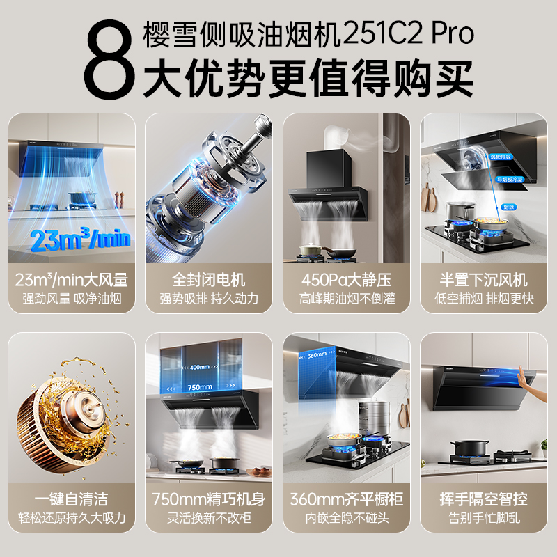 樱雪(INSE)抽油烟机超薄平嵌侧吸式家用厨房烟机23m³大吸力挥手智控自清洗吸油烟机CXW-280-251C2 Pro高清大图