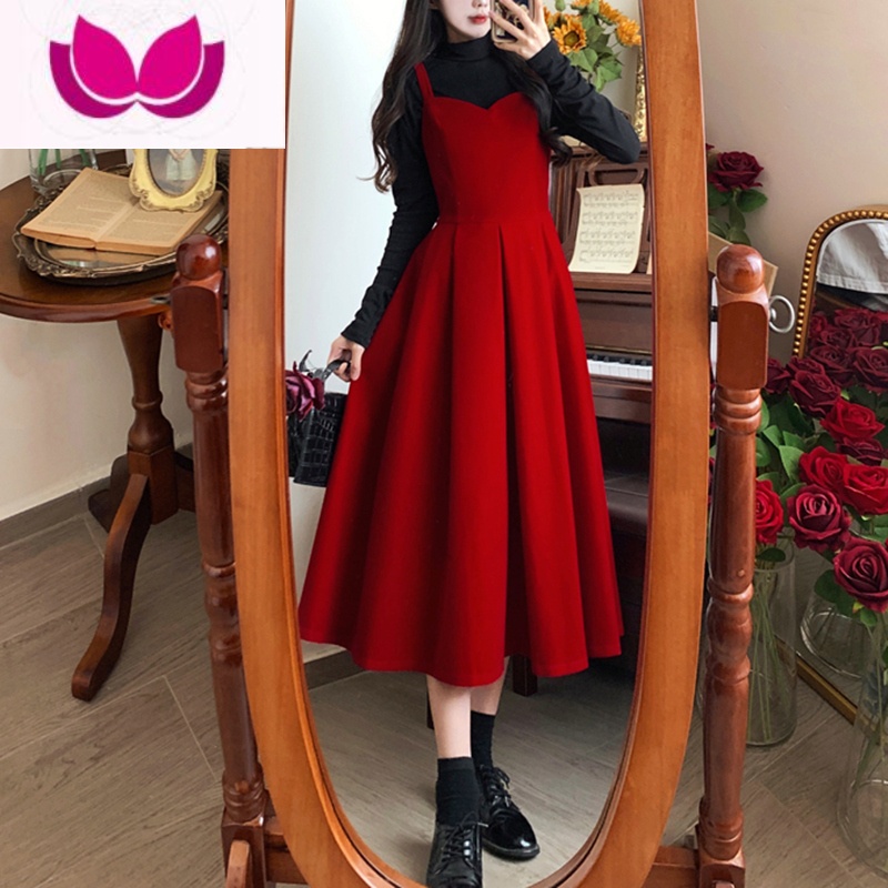 七斓赫本风气质减龄丝绒背带裙套大码女装红色礼服连衣裙套大 XL建议120-140斤 红色裙子+针织打底衫