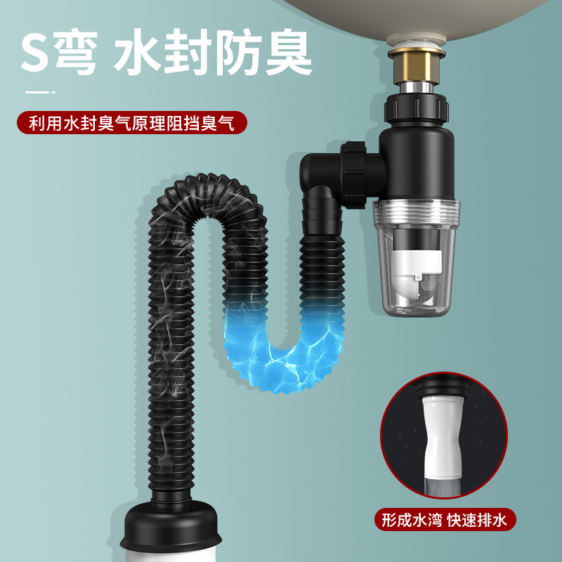 洗手盆下水管防返臭神器洗脸盆下水器面盆漏水塞洗手池排水管配件-【套装C2】有孔★小弹跳带提篮+灰色双排下水管高清大图