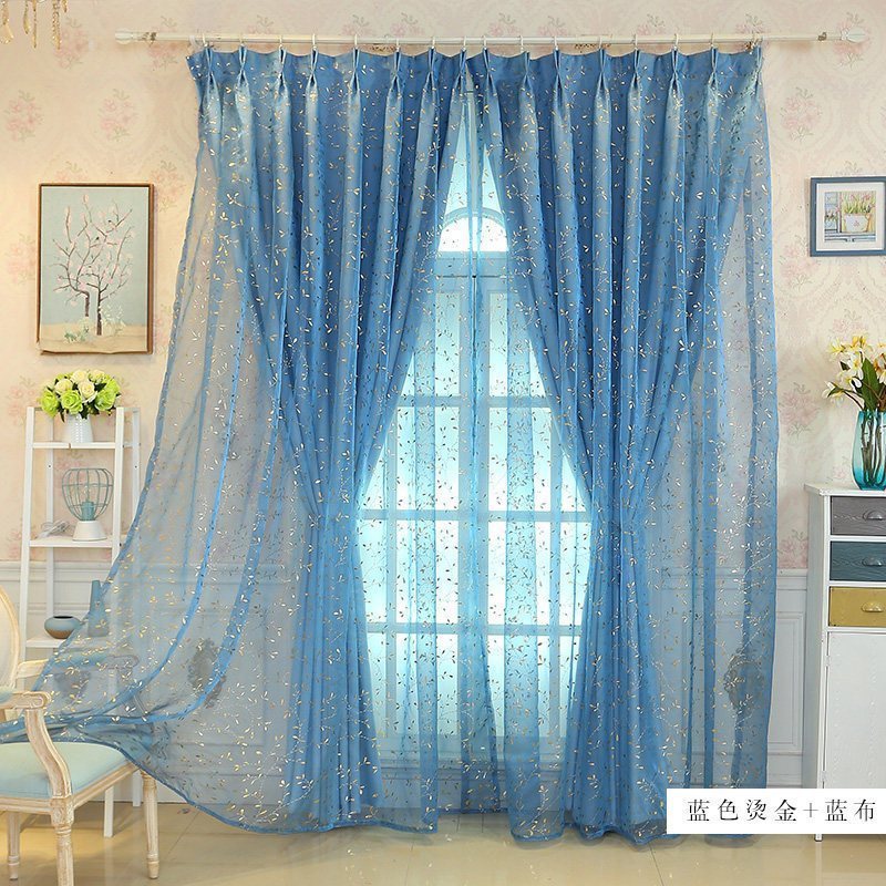 美帮汇纱帘烫金欧式窗纱田园卧室公主风遮光定制布田园窗纱帘 蓝色烫金小叶加遮光布 3米宽对开*2.7米【挂钩】