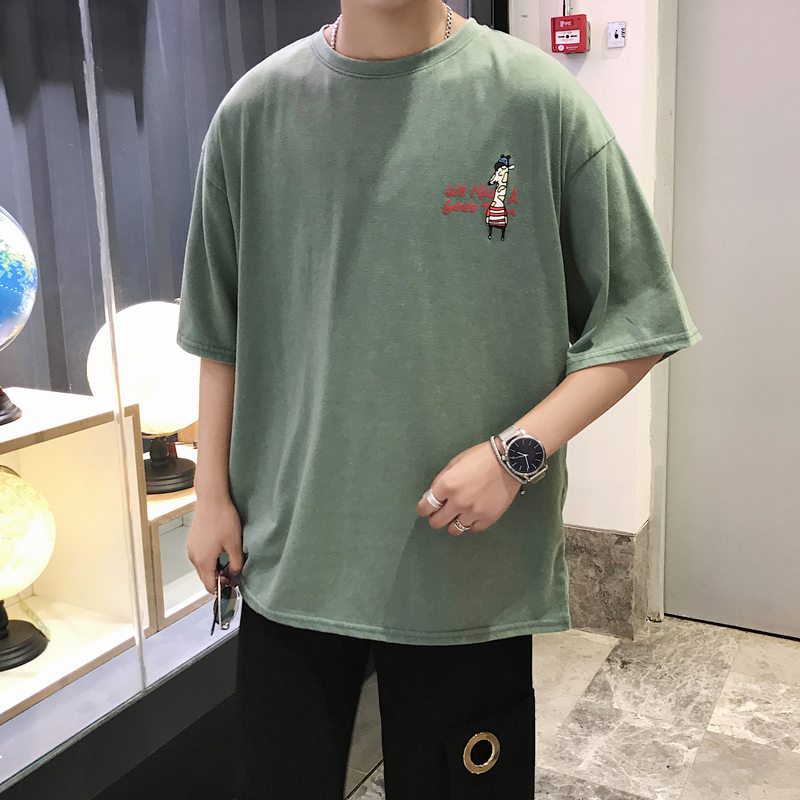 夏款宽松港风文艺韩版休闲圆领短袖T恤男字母印花打底衫青年学生