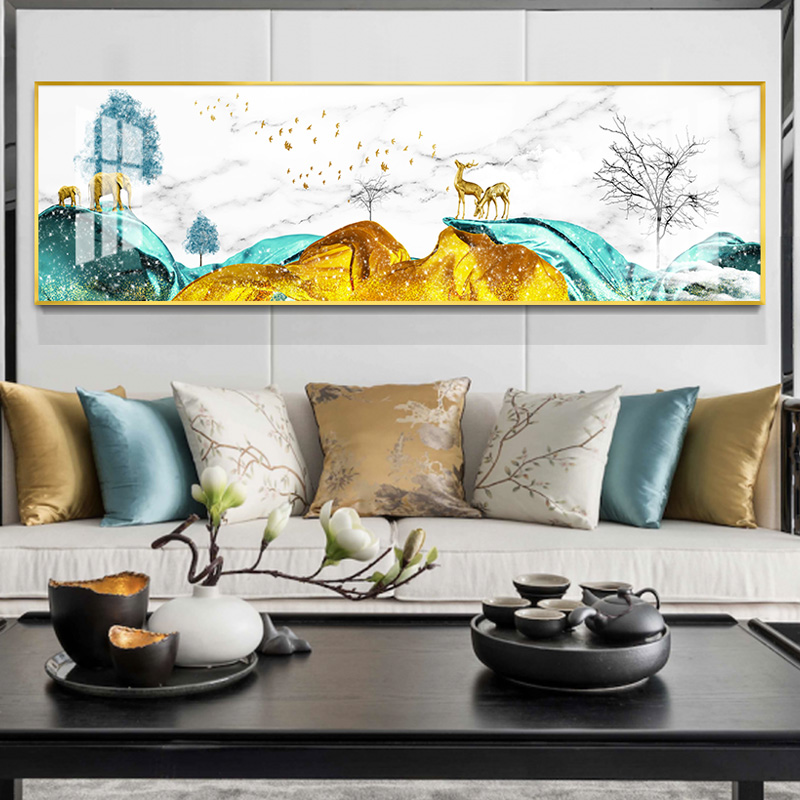 现代床头横版一整幅装饰画卧室背景墙免 梅花奔鹿(金色边框) 50*100cm晶瓷画(晶瓷工艺+金属框)统一发金色边框(需高清大图