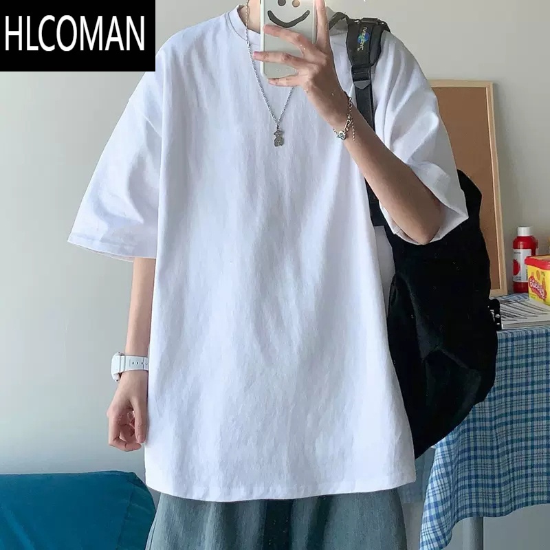 HLCOMAN短袖T恤男衣服ins夏季潮流纯色纯黑百搭学生情侣基础款宽松半截袖