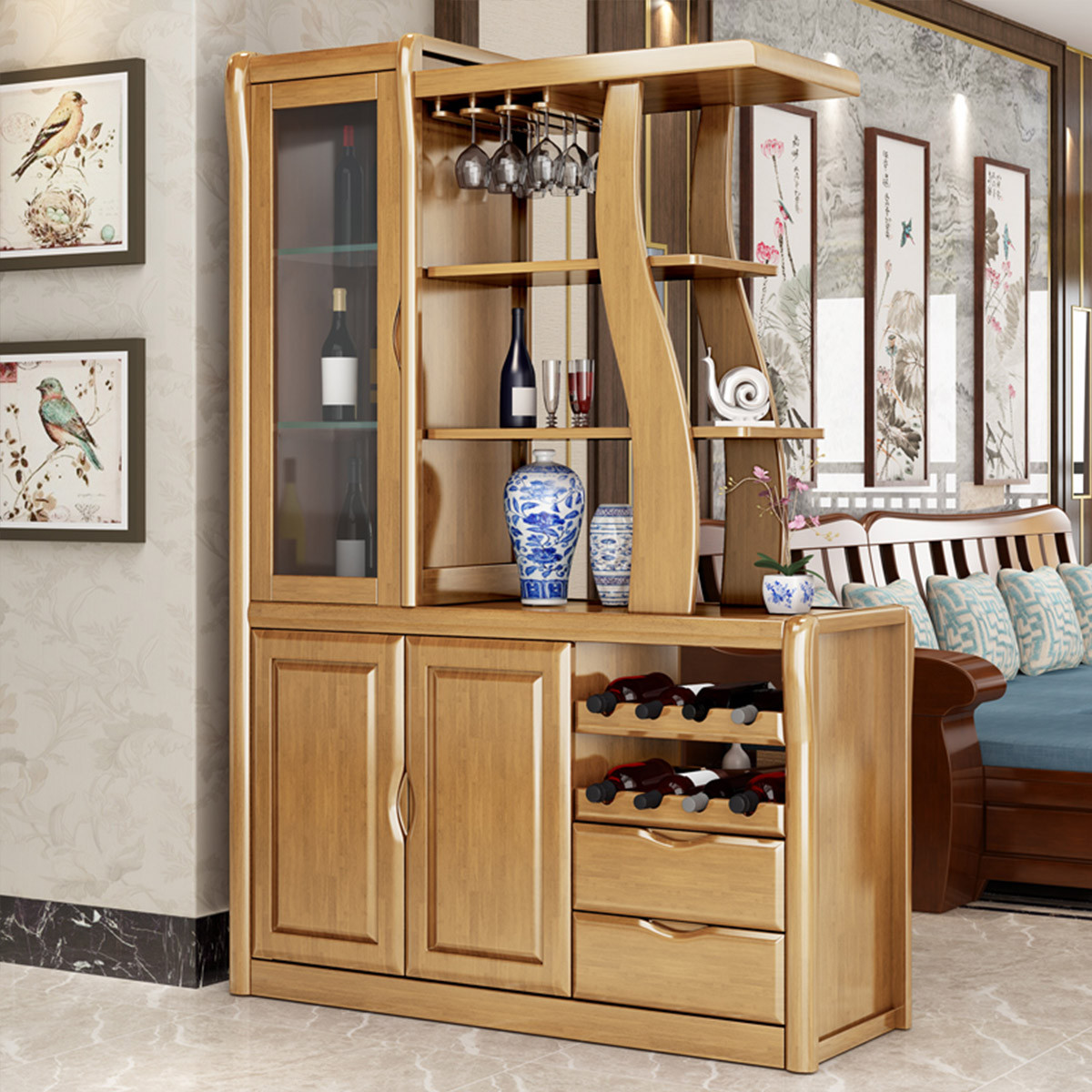 采百木中式实木间厅柜双开门储物客厅隔断柜玄关酒柜现代简约门厅柜