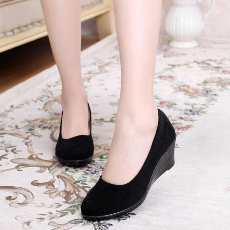 xeejee春秋老北京布鞋黑色绒面宾馆酒店工装工作鞋职业女鞋坡跟高跟单