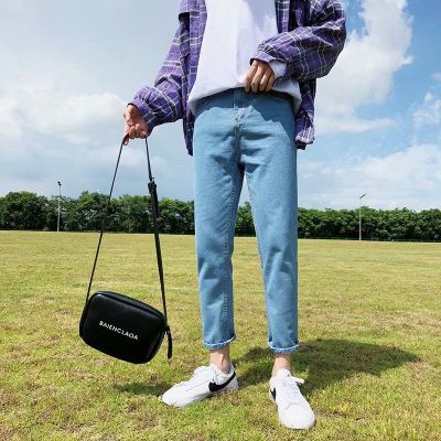 夏季新款牛仔裤男潮流宽松直筒薄款日系阔腿裤子男学生韩版九分裤 52浅蓝 S 建议75-95斤左右