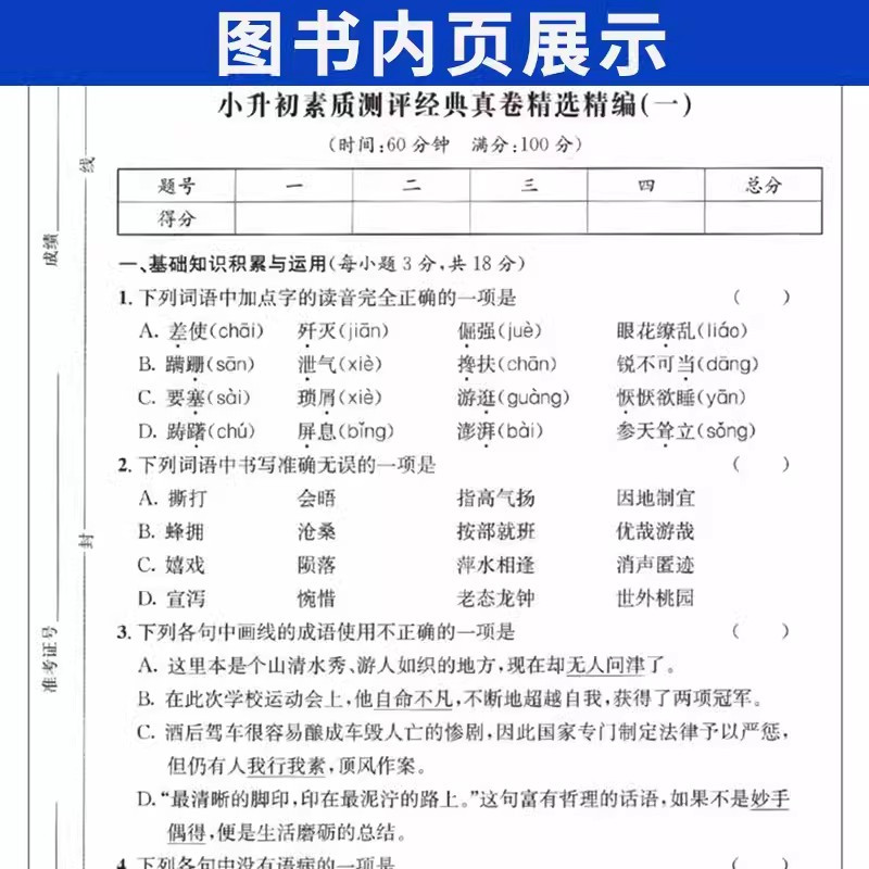 初一新生入学摸底分班真卷[语文] [正版]2025新版考进名校小升初真题卷语文数学英语成都市八大名校小升初历年招生考试真