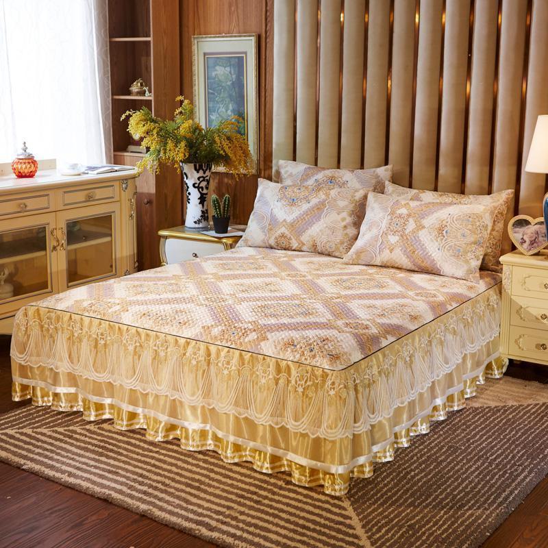 美帮汇欧式蕾丝床裙冰丝席三件套1.8米加厚可折叠机洗凉席空调软席子2米 布兰琪-金 1.8*2.2m床