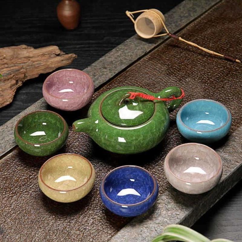 冰裂茶具7头冰裂功夫茶具礼盒装 陶瓷茶具套装7色茶具破损补发 6色杯+绿色壶
