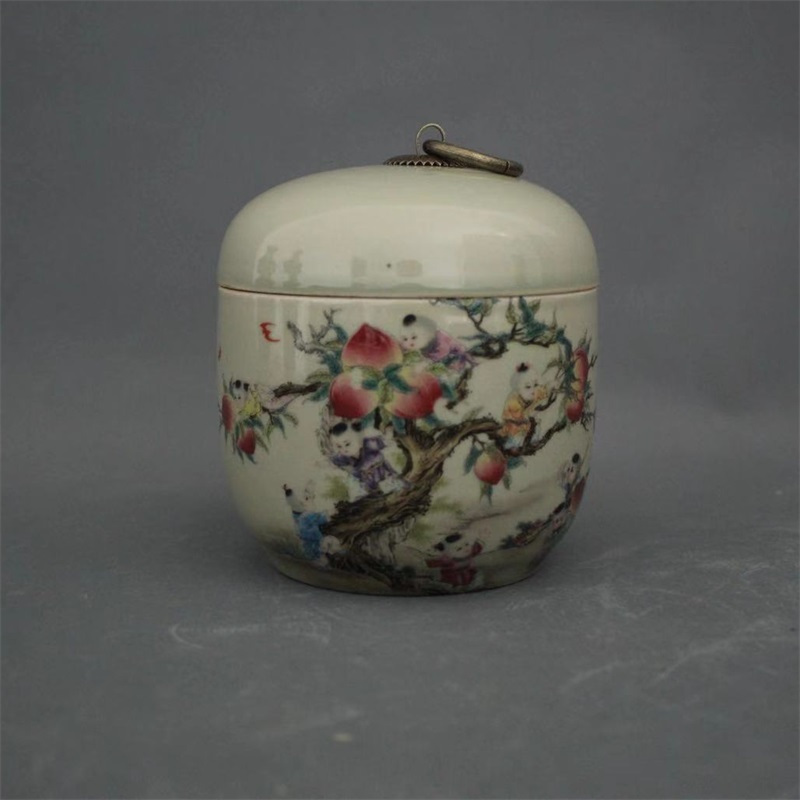 景德镇仿古陶瓷器清雍正粉彩九子蟠桃茶叶罐家居装饰摆件展柜收藏_1