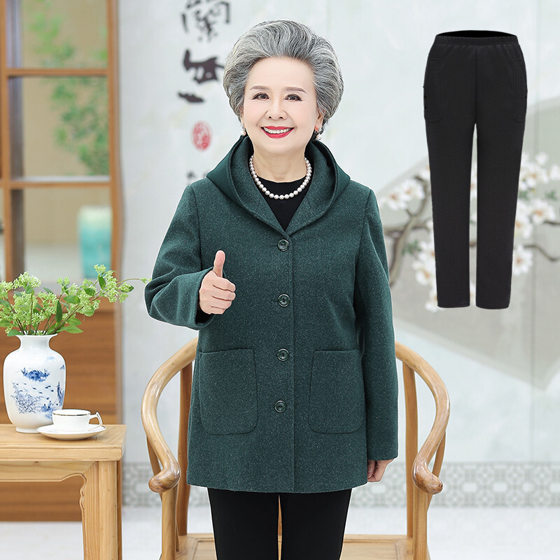 迪鲁奥(DILUAO)老年人女秋装羊毛呢子连帽外套奶奶上衣老人衣服太太长款舒适大衣