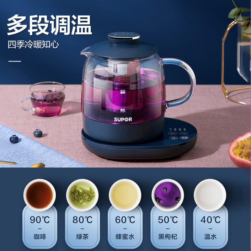 苏泊尔养生壶家用多功能全自动办公室小型mini玻璃养身花茶煮茶器 蓝色