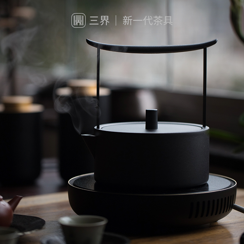 三界茶具 西壶电陶炉复古烧水壶 简约创意不锈钢煮茶壶家用泡茶烧水煮茶器迷你壶(黑色)