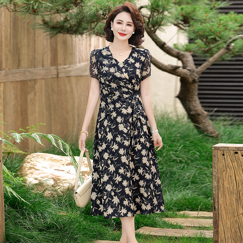 纤孜雅 时尚妈妈夏装短袖新款连衣裙夏季收腰显瘦气质碎花裙子高清大图