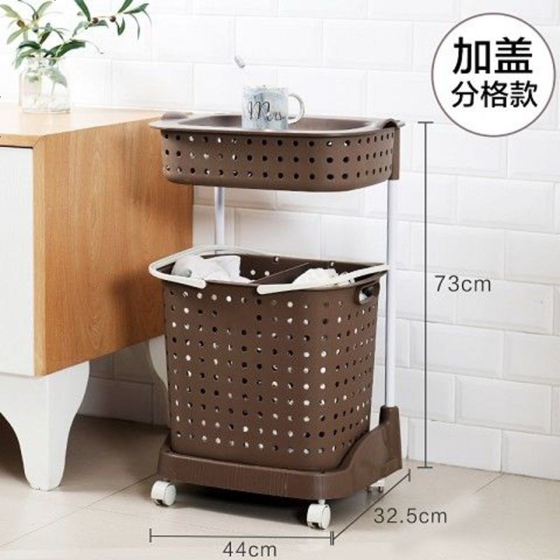 日式脏衣篮塑料洗衣篮手提篮大号装脏衣服收纳筐脏衣桶脏衣篓带轮 两层咖啡色升级款(盖子+隔)