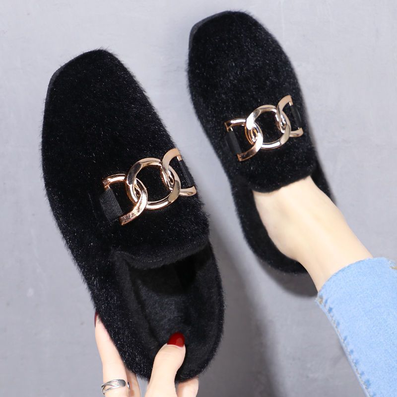 新款豆豆鞋女冬季加绒防滑平底家居棉鞋女学生韩版百搭保暖毛毛鞋浅卡