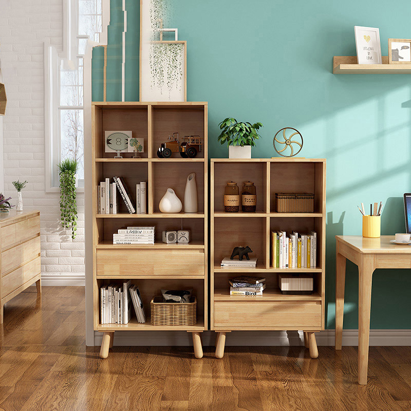 北欧实木书架单抽屉卧室书柜原木色胡桃色北欧家具百搭客厅储物柜