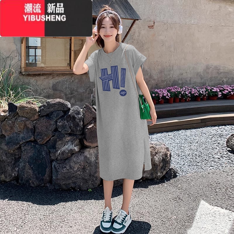 YIBUSHENG大码女装t恤连衣裙小个子衣服季胖mm宽松遮肚子显瘦长款裙 浅灰色AF604款 M