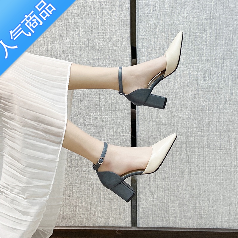 SUNTEK尖头高跟鞋中空时装扣带凉鞋女2023新粗跟侧空单鞋配裙子鞋扣凉S高清大图